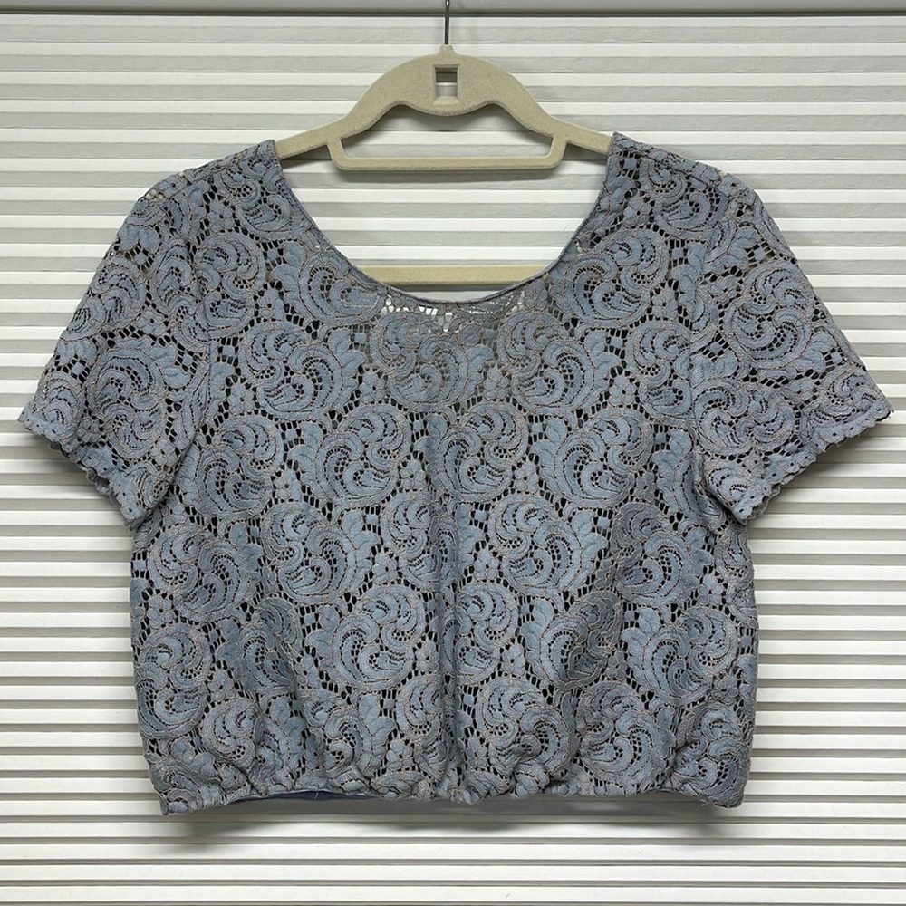 Zara Basic Light Blue Floral Lace Short Sleeve Cropped Top Size Small
